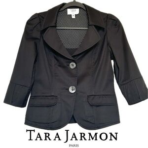Tara JARMON Paris Cropped Blazer Black Cotton 3/4 Puffed Sleeve Size XS